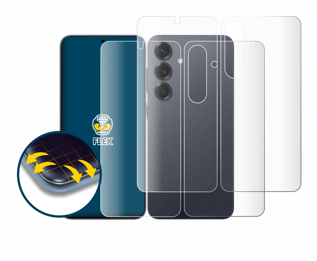 Immagine del dispositivo Samsung Galaxy S25 (Fronte+Retro) con un'ampia varietà di protezioni per lo schermo.