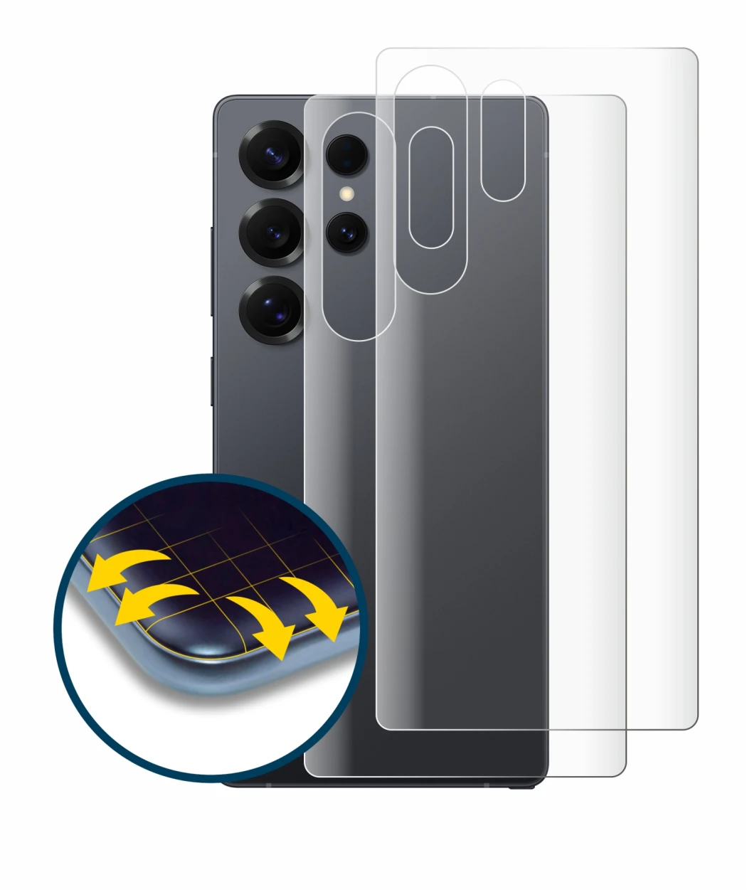 Immagine del dispositivo Samsung Galaxy S25 Ultra Enterprise Edition (Posteriore) con un'ampia varietà di protezioni per lo sc