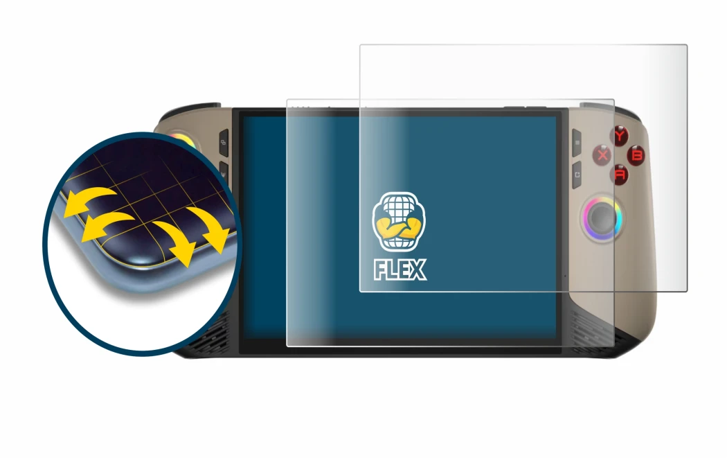 Immagine del dispositivo MSI Claw 8 AI+ con un'ampia varietà di protezioni per lo schermo.