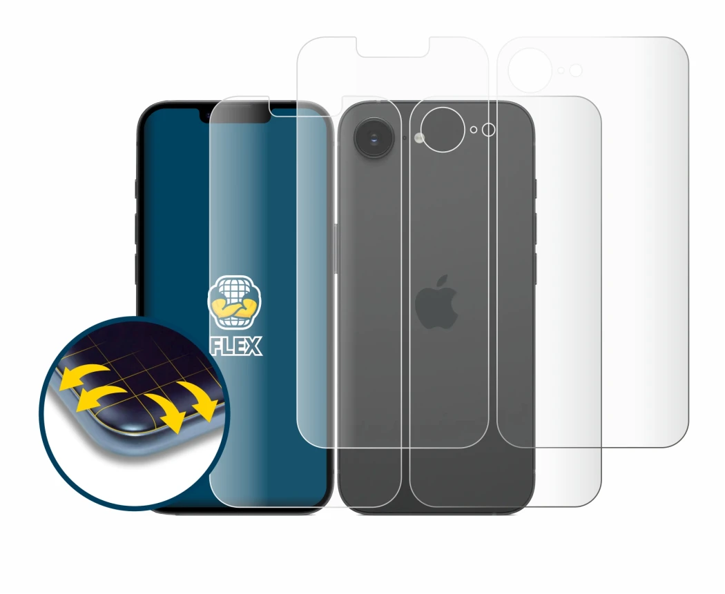 Immagine del dispositivo Apple iPhone 16e (Fronte+Retro) con un'ampia varietà di protezioni per lo schermo.