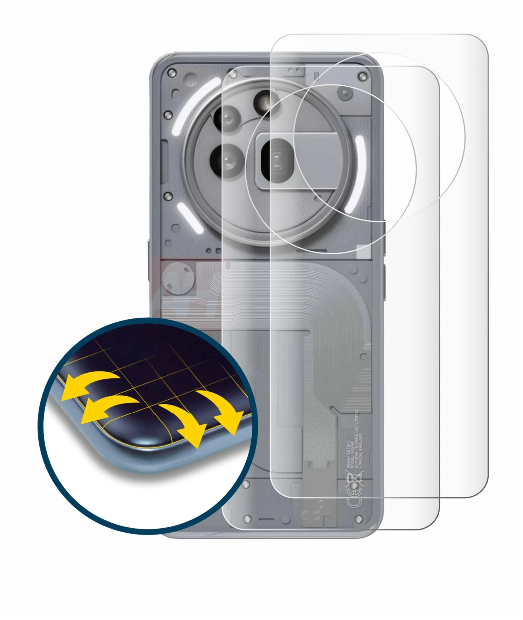 Immagine del dispositivo Nothing Phone (3a) Pro (Posteriore) con un'ampia varietà di protezioni per lo schermo.