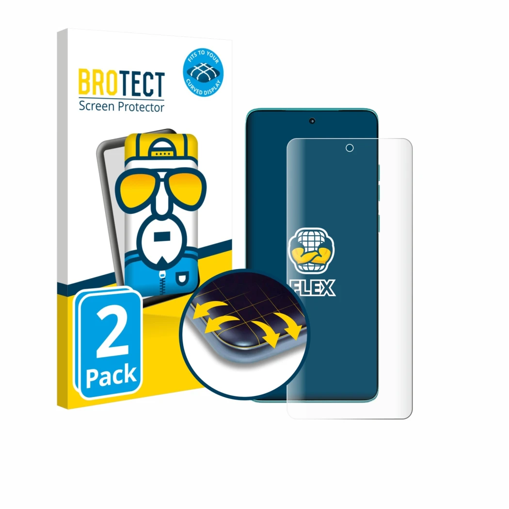 Parte frontale di una confezione del prodotto con il logo del marchio BROTECT. Accanto è raffigurato il dispositivo Motorola E