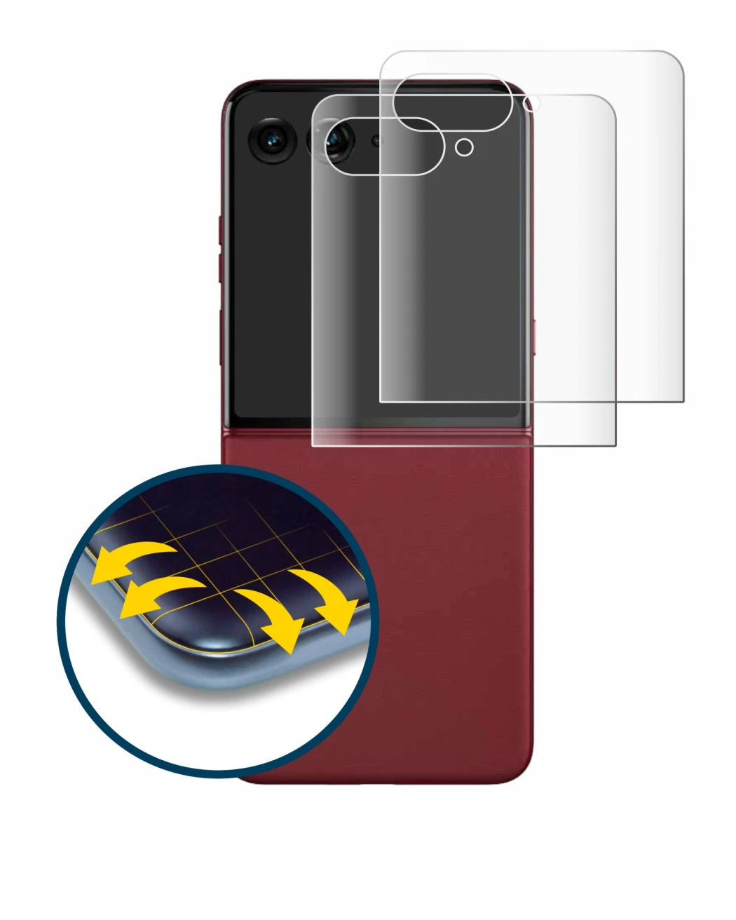Immagine del dispositivo Motorola Razr 60 Ultra (Display posteriore) con un'ampia varietà di protezioni per lo schermo.