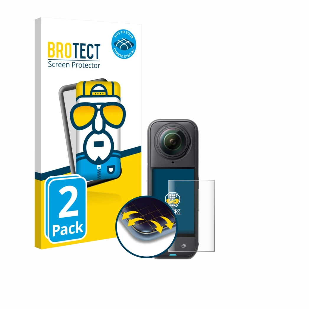Parte frontale di una confezione del prodotto con il logo del marchio BROTECT. Accanto è raffigurato il dispositivo Insta360 X