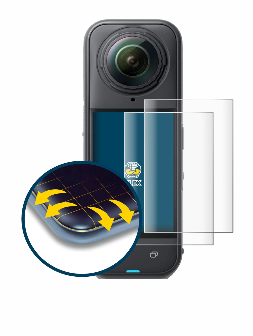 Immagine del dispositivo Insta360 X5 con un'ampia varietà di protezioni per lo schermo.