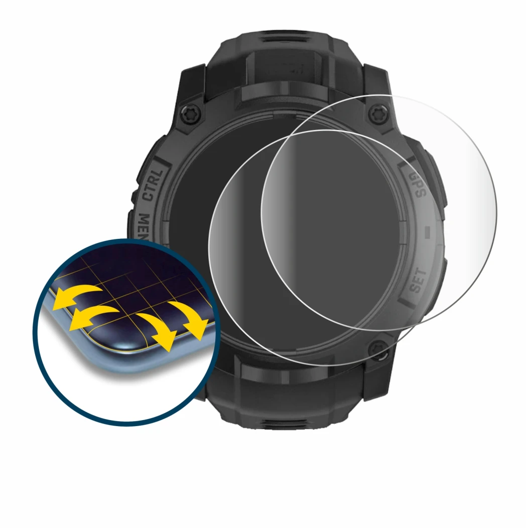 Immagine del dispositivo Garmin Instinct 3 Solar Tactical Edition (50 mm) con un'ampia varietà di protezioni per lo schermo.