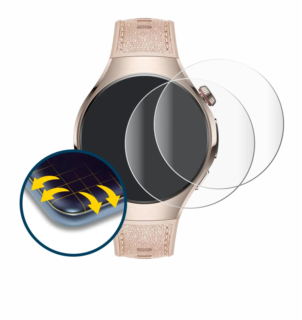 Immagine del dispositivo Huawei Watch 5 (42 mm) con un'ampia varietà di protezioni per lo schermo.