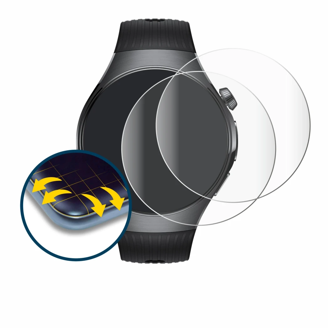 Immagine del dispositivo Huawei Watch 5 (46 mm) con un'ampia varietà di protezioni per lo schermo.