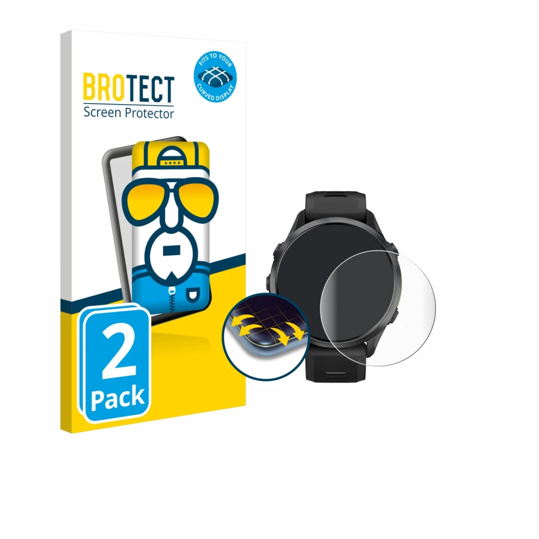 Parte frontale di una confezione del prodotto con il logo del marchio BROTECT. Accanto è raffigurato il dispositivo Garmin For