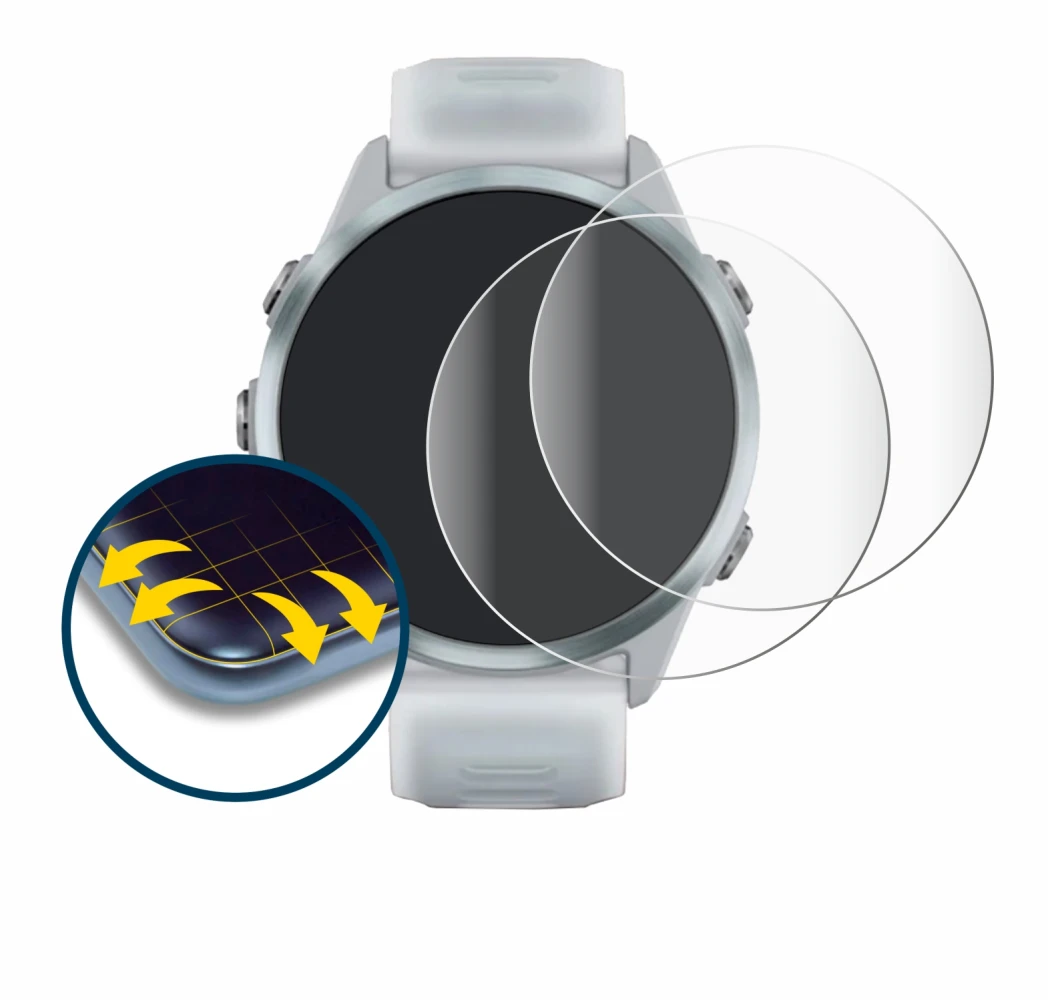 Immagine del dispositivo Garmin Forerunner 570 (42 mm) con un'ampia varietà di protezioni per lo schermo.