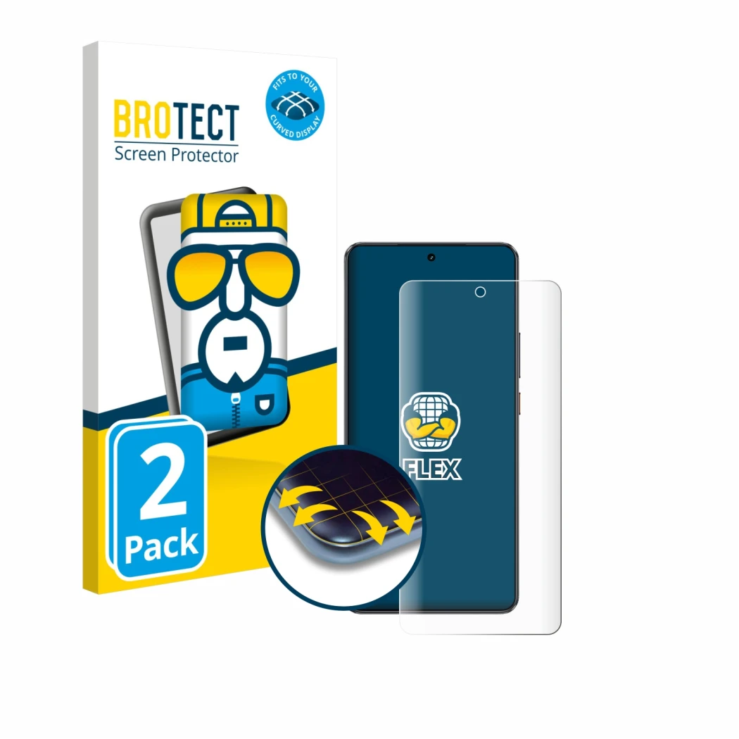 Parte frontale di una confezione del prodotto con il logo del marchio BROTECT. Accanto è raffigurato il dispositivo realme GT