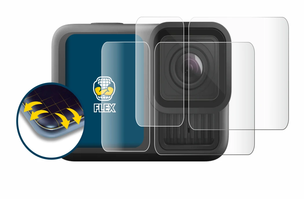 Immagine del dispositivo GoPro Hero 13 Black Ultra Wide Edition con un'ampia varietà di protezioni per lo schermo.