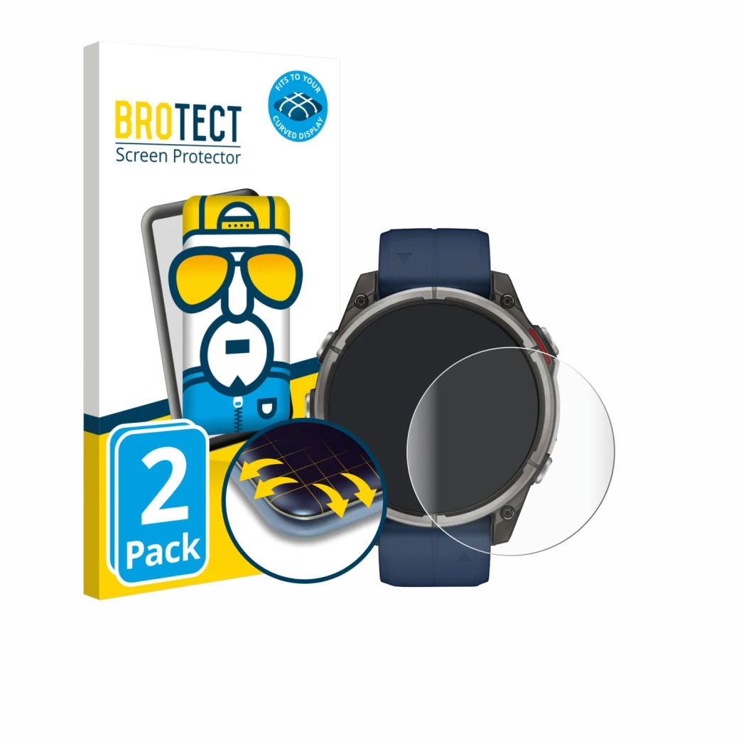 Parte frontale di una confezione del prodotto con il logo del marchio BROTECT. Accanto è raffigurato il dispositivo Garmin qua