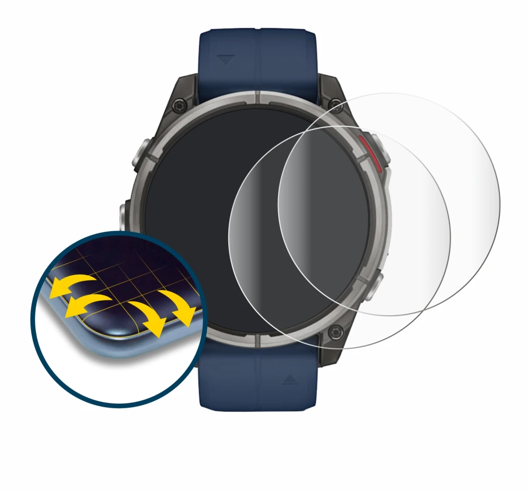 Immagine del dispositivo Garmin quatix 8 (47 mm) con un'ampia varietà di protezioni per lo schermo.
