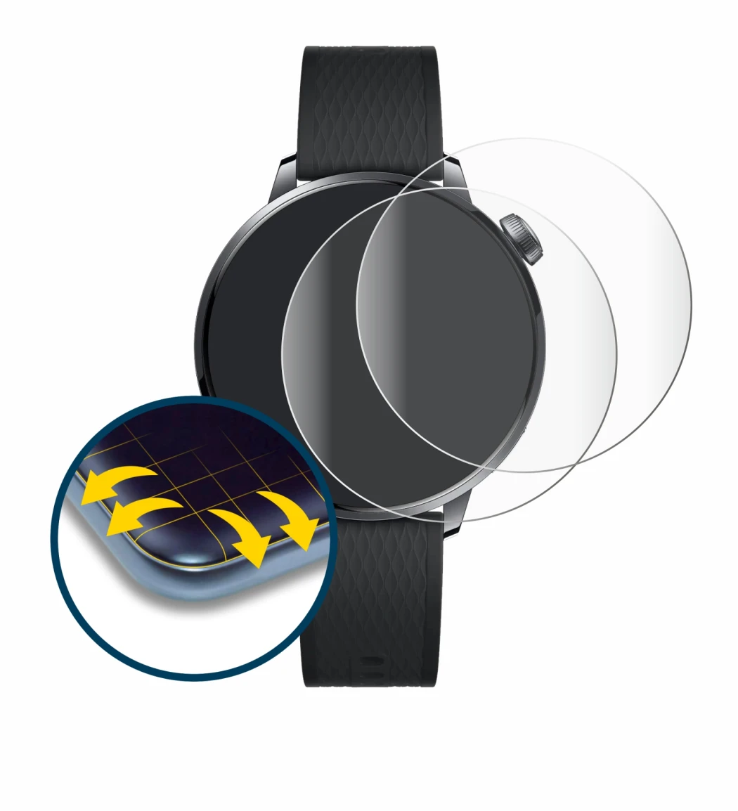 Immagine del dispositivo OnePlus Watch 3 (43 mm) con un'ampia varietà di protezioni per lo schermo.