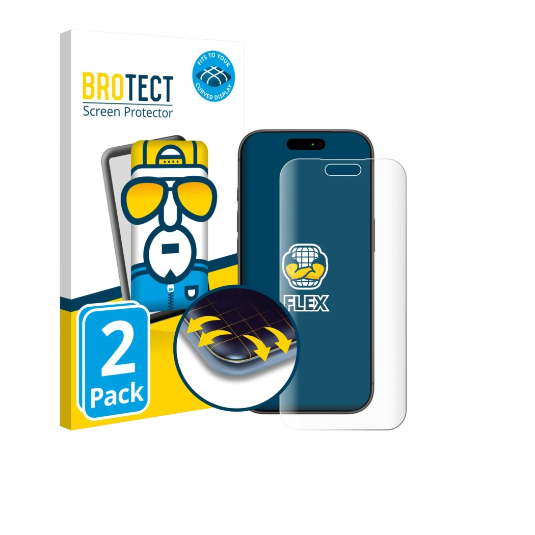 Parte frontale di una confezione del prodotto con il logo del marchio BROTECT. Accanto è raffigurato il dispositivo Apple iPho