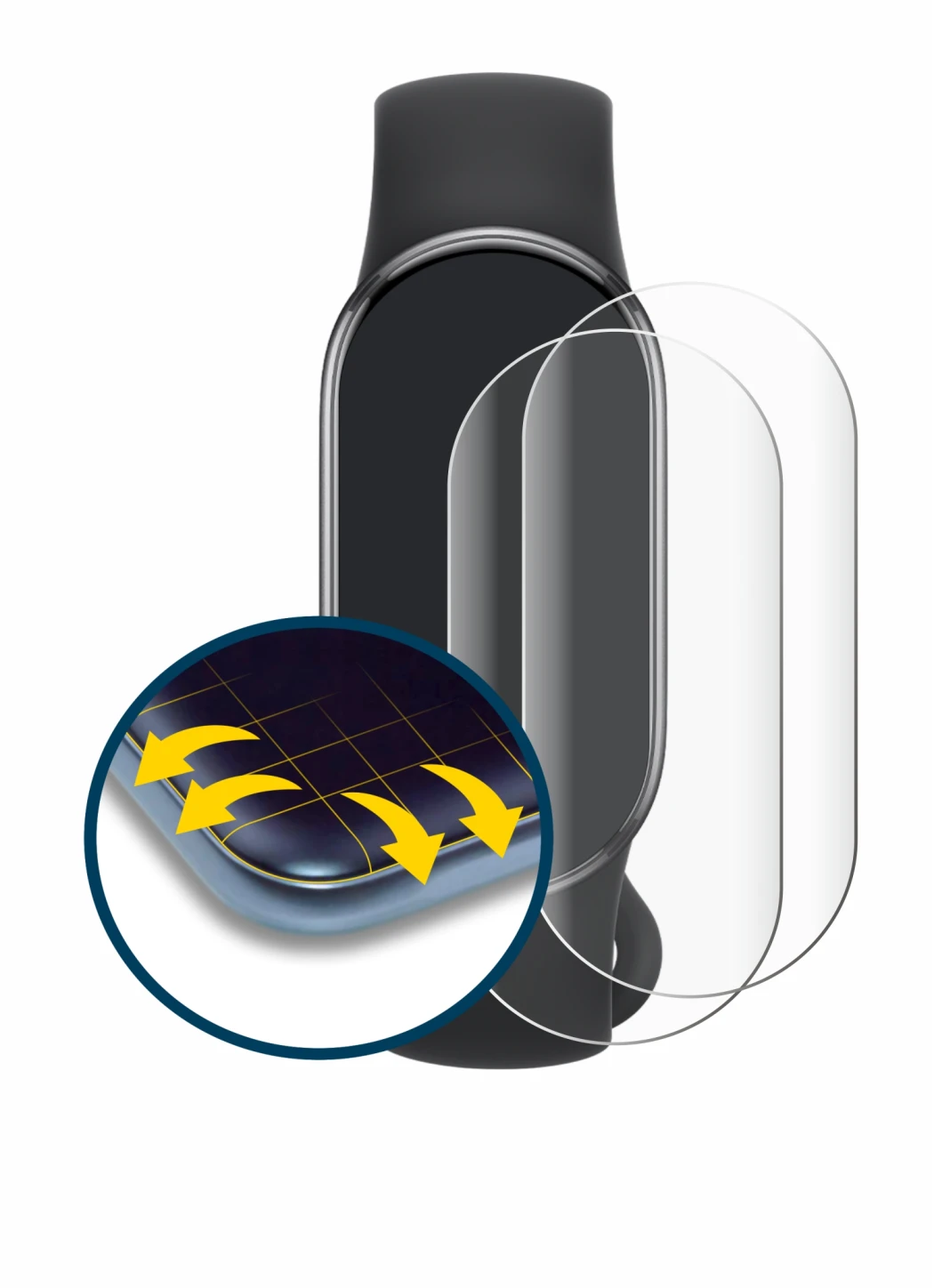 Immagine del dispositivo Xiaomi Smart Band 10 con un'ampia varietà di protezioni per lo schermo.