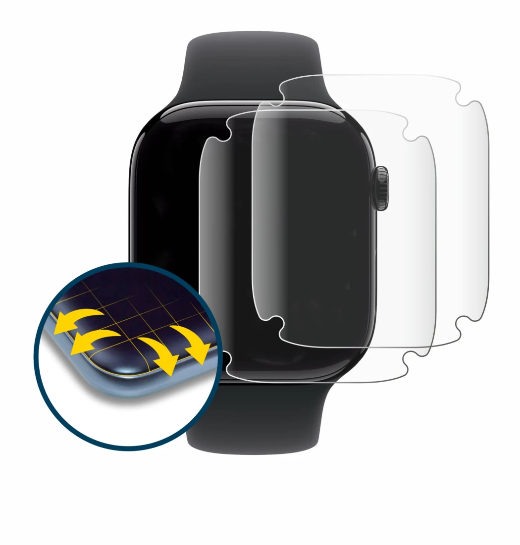 Immagine del dispositivo Apple Watch Series 11 (46 mm) con un'ampia varietà di protezioni per lo schermo.