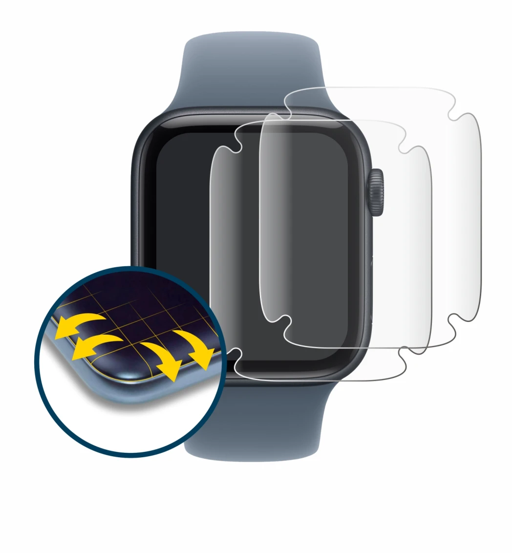 Immagine del dispositivo Apple Watch SE 3 (44 mm) con un'ampia varietà di protezioni per lo schermo.