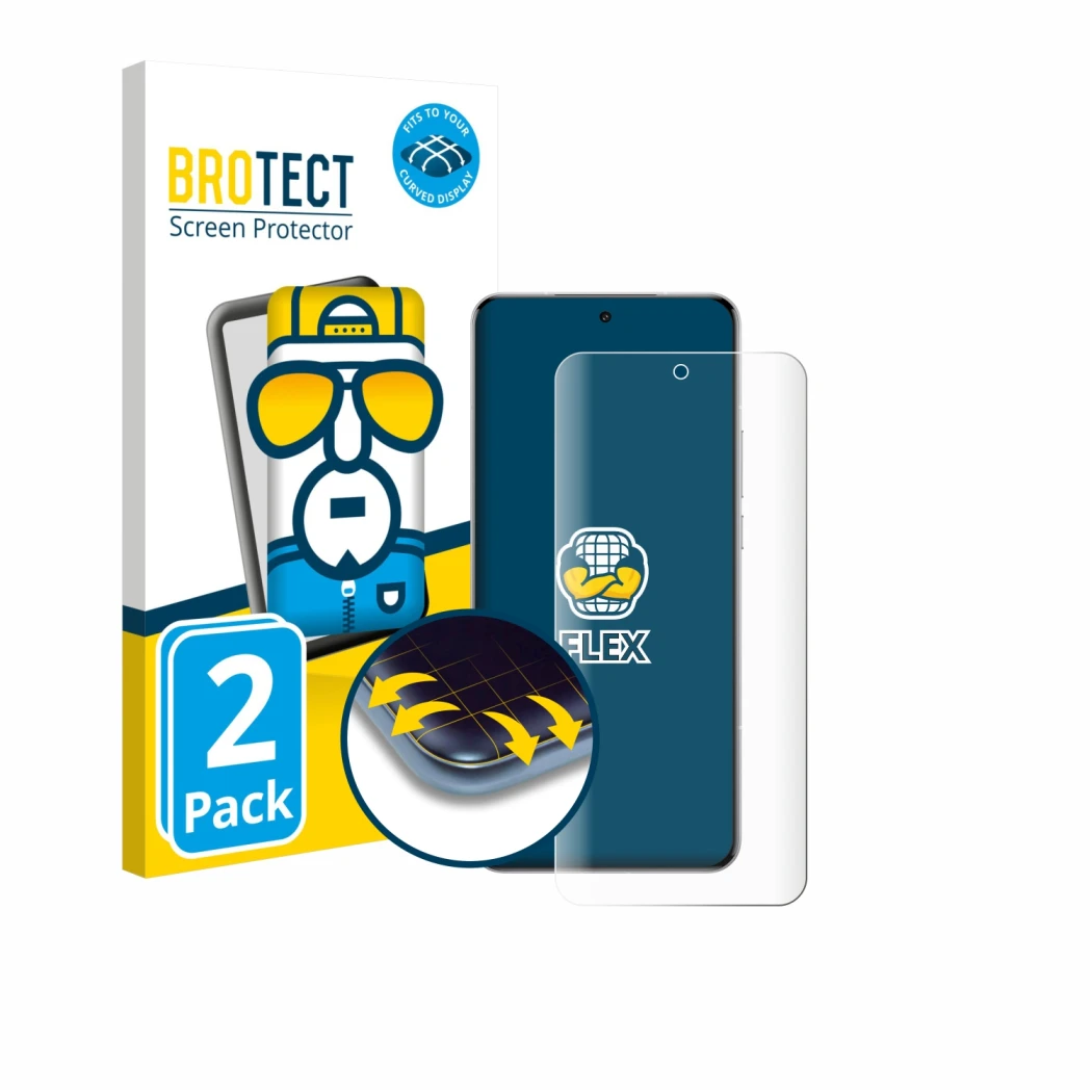 Parte frontale di una confezione del prodotto con il logo del marchio BROTECT. Accanto è raffigurato il dispositivo Xiaomi 15 