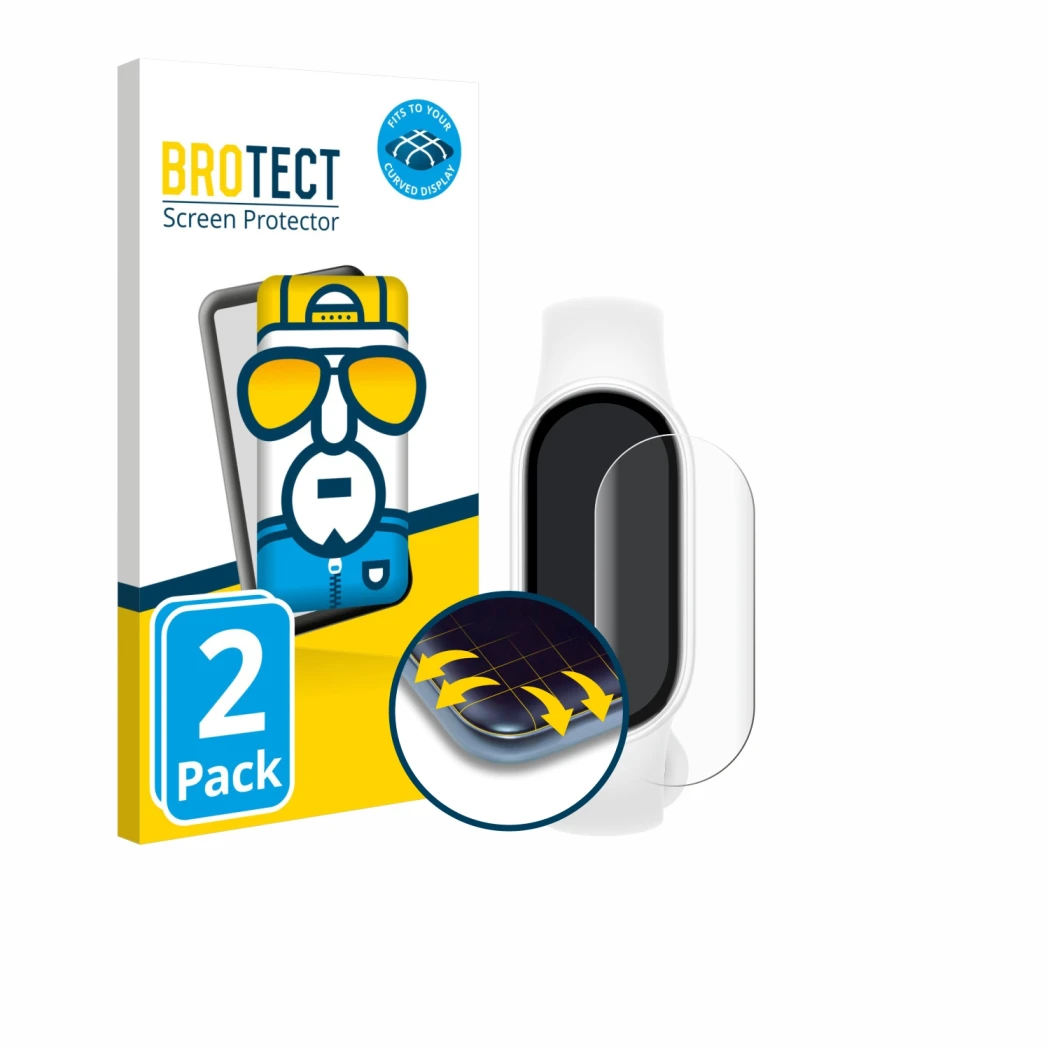 Parte frontale di una confezione del prodotto con il logo del marchio BROTECT. Accanto è raffigurato il dispositivo Xiaomi Sma