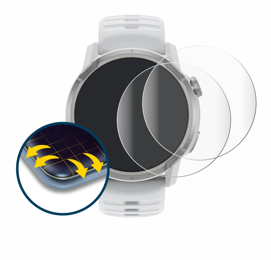Immagine del dispositivo Coros Apex 4 (46 mm) con un'ampia varietà di protezioni per lo schermo.