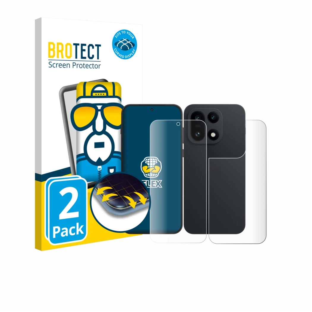 Parte frontale di una confezione del prodotto con il logo del marchio BROTECT. Accanto è raffigurato il dispositivo OnePlus 15