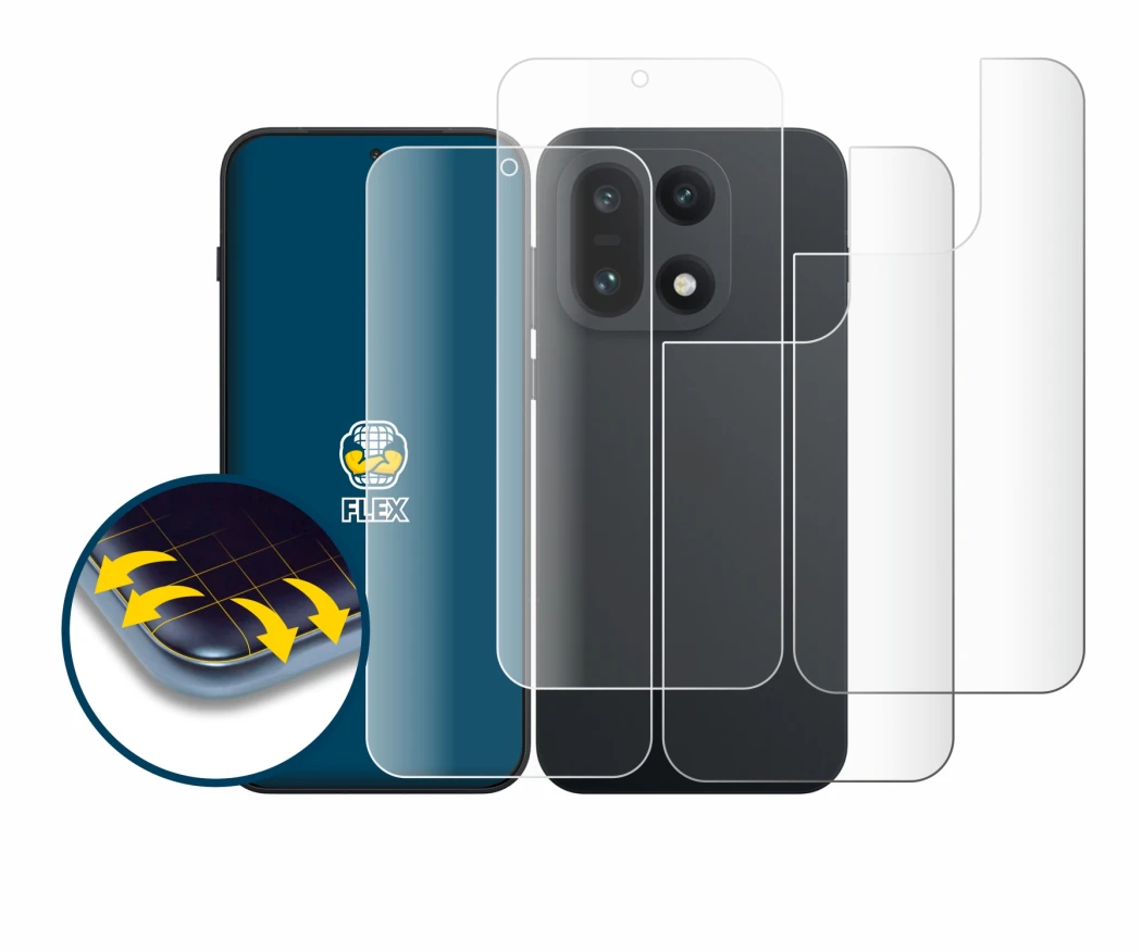 Immagine del dispositivo OnePlus 15 (Fronte+Retro) con un'ampia varietà di protezioni per lo schermo.