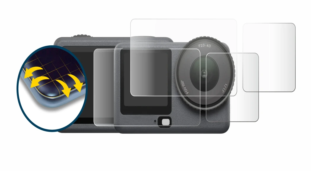 Immagine del dispositivo DJI Osmo Action 6 con un'ampia varietà di protezioni per lo schermo.