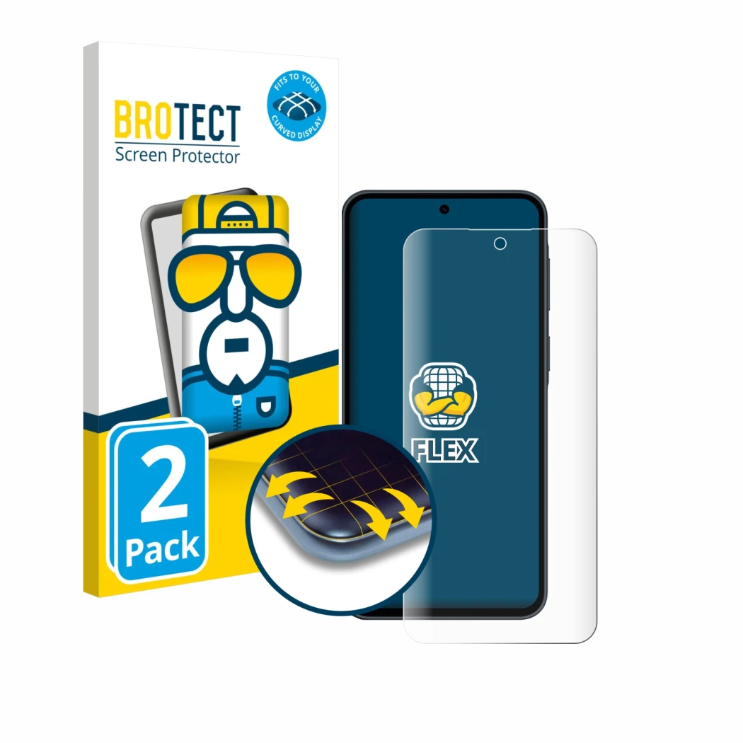 Parte frontale di una confezione del prodotto con il logo del marchio BROTECT. Accanto è raffigurato il dispositivo Samsung Ga