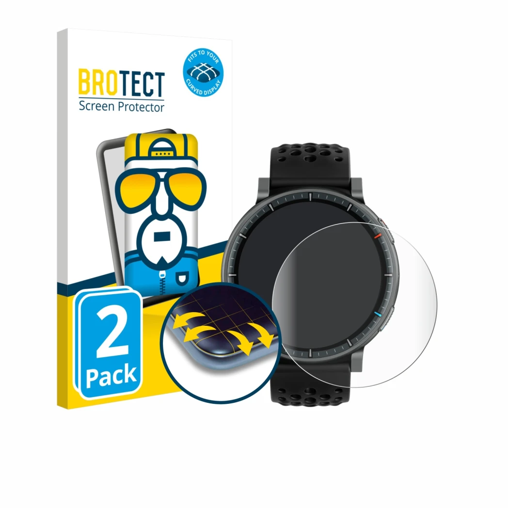 Parte frontale di una confezione del prodotto con il logo del marchio BROTECT. Accanto è raffigurato il dispositivo Amazfit Ac