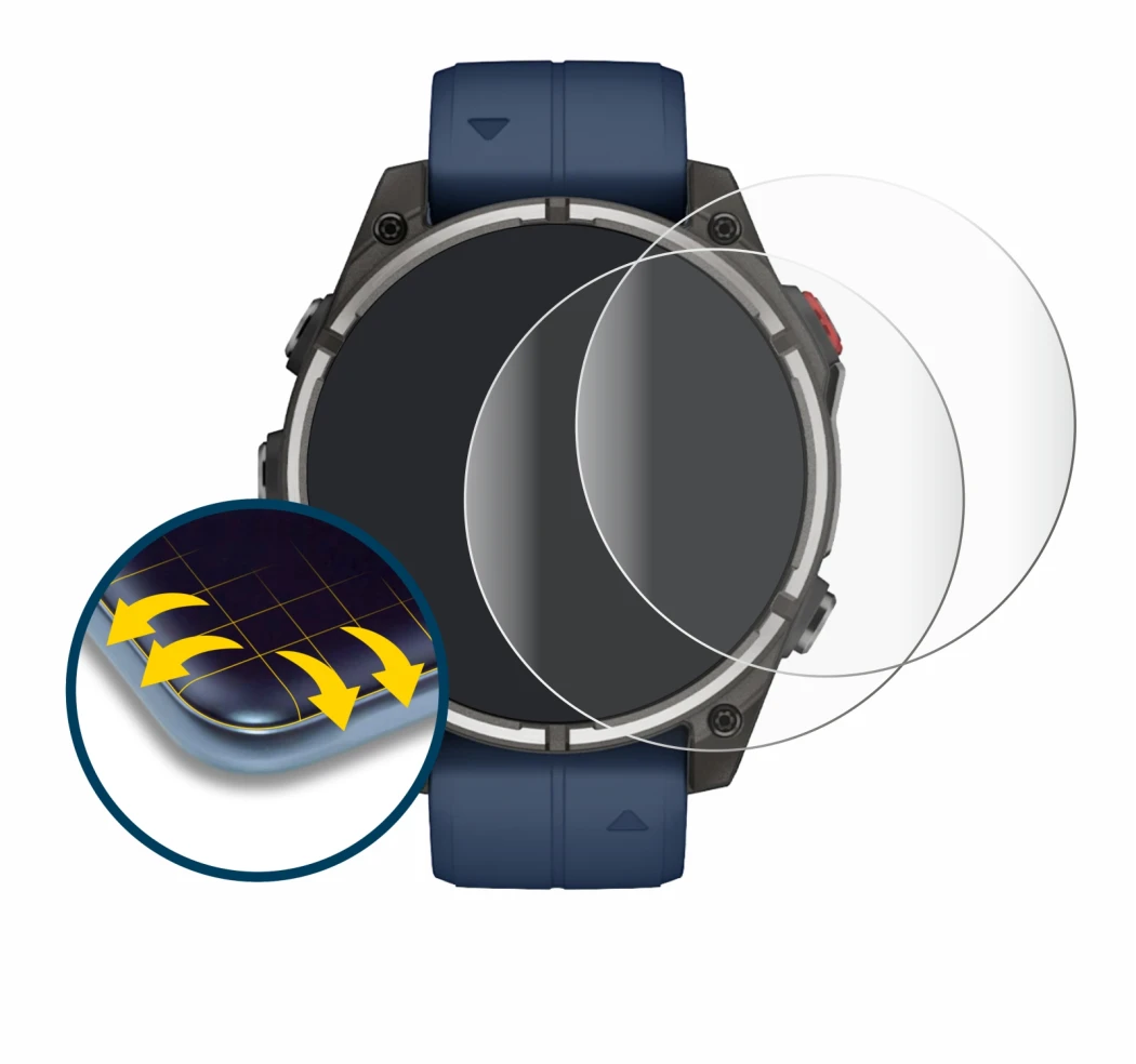 Immagine del dispositivo Garmin quatix 8 Pro (47 mm) con un'ampia varietà di protezioni per lo schermo.
