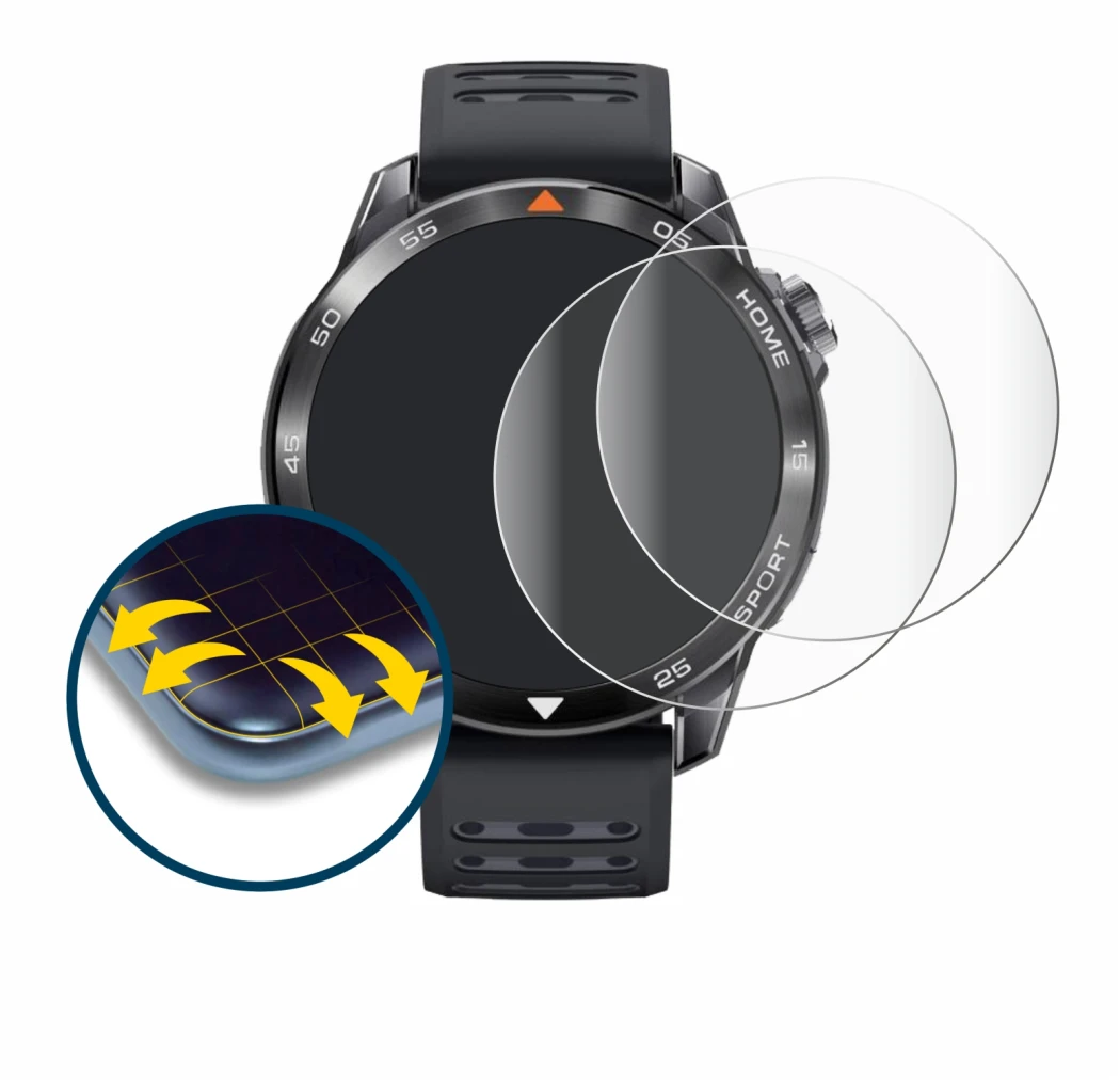 Immagine del dispositivo Xiaomi Mibro GS Pro 2 con un'ampia varietà di protezioni per lo schermo.