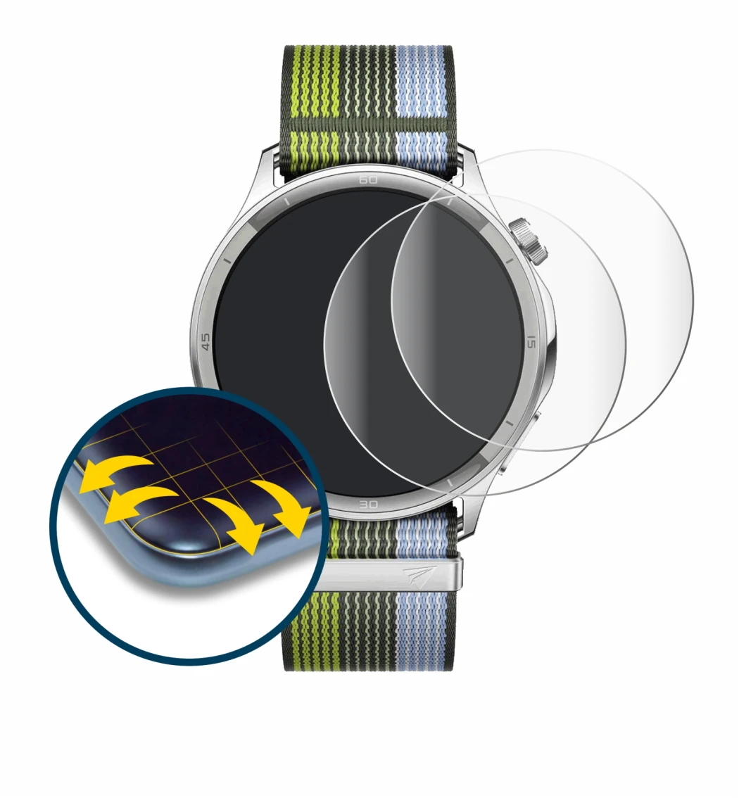 Immagine del dispositivo Oppo Watch S con un'ampia varietà di protezioni per lo schermo.