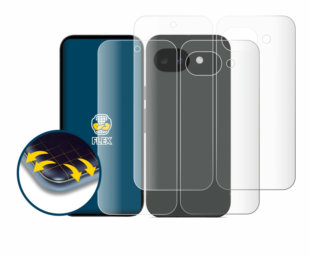 Immagine del dispositivo Google Pixel 10a (Fronte+Retro) con un'ampia varietà di protezioni per lo schermo.