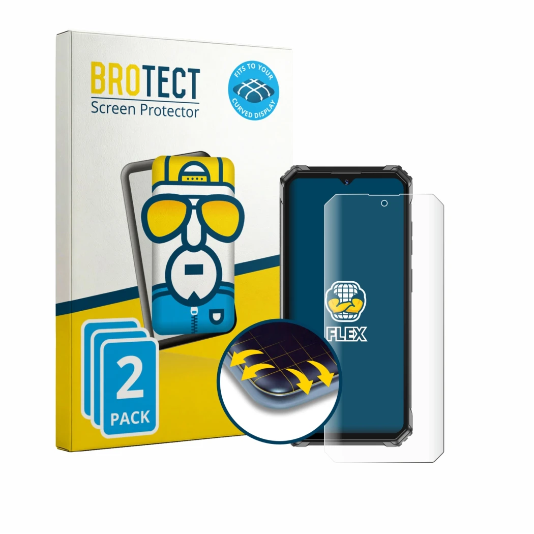Parte frontale di una confezione del prodotto con il logo del marchio BROTECT. Accanto è raffigurato il dispositivo Oukitel G7