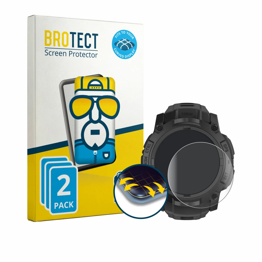 Parte frontale di una confezione del prodotto con il logo del marchio BROTECT. Accanto è raffigurato il dispositivo Garmin Ins