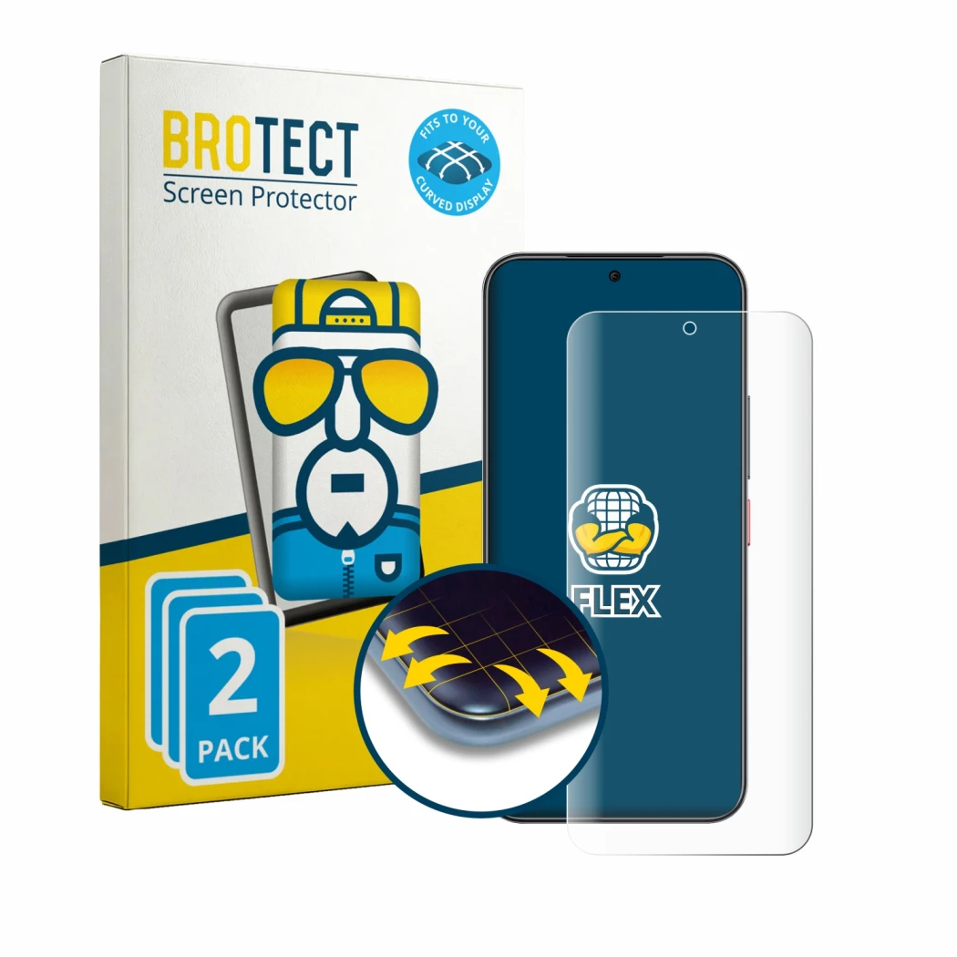 Parte frontale di una confezione del prodotto con il logo del marchio BROTECT. Accanto è raffigurato il dispositivo Nubia Air