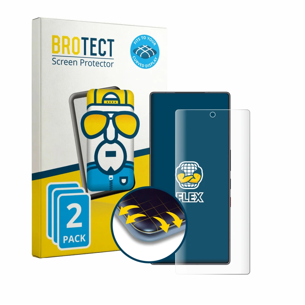 Parte frontale di una confezione del prodotto con il logo del marchio BROTECT. Accanto è raffigurato il dispositivo ZTE Nubia 