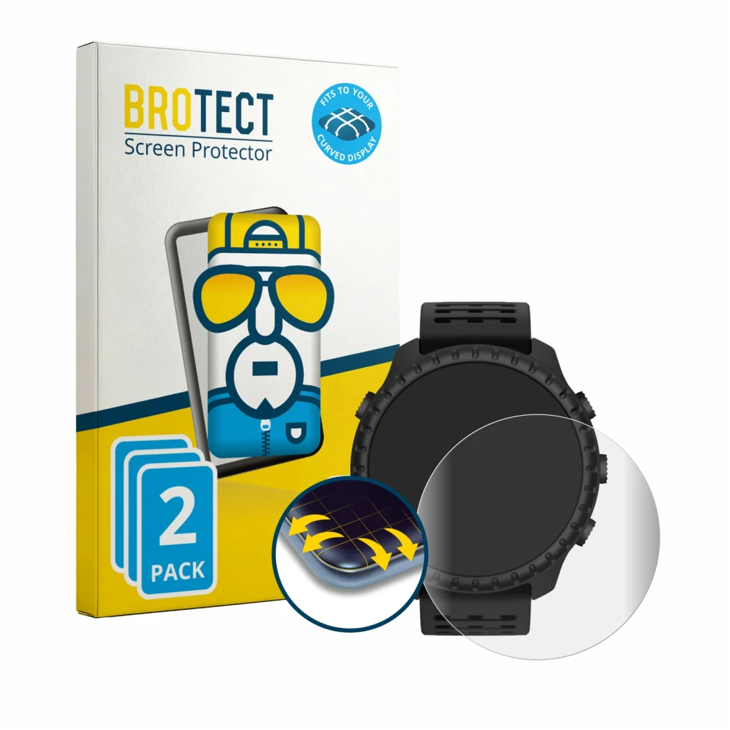 Parte frontale di una confezione del prodotto con il logo del marchio BROTECT. Accanto è raffigurato il dispositivo Suunto Cor
