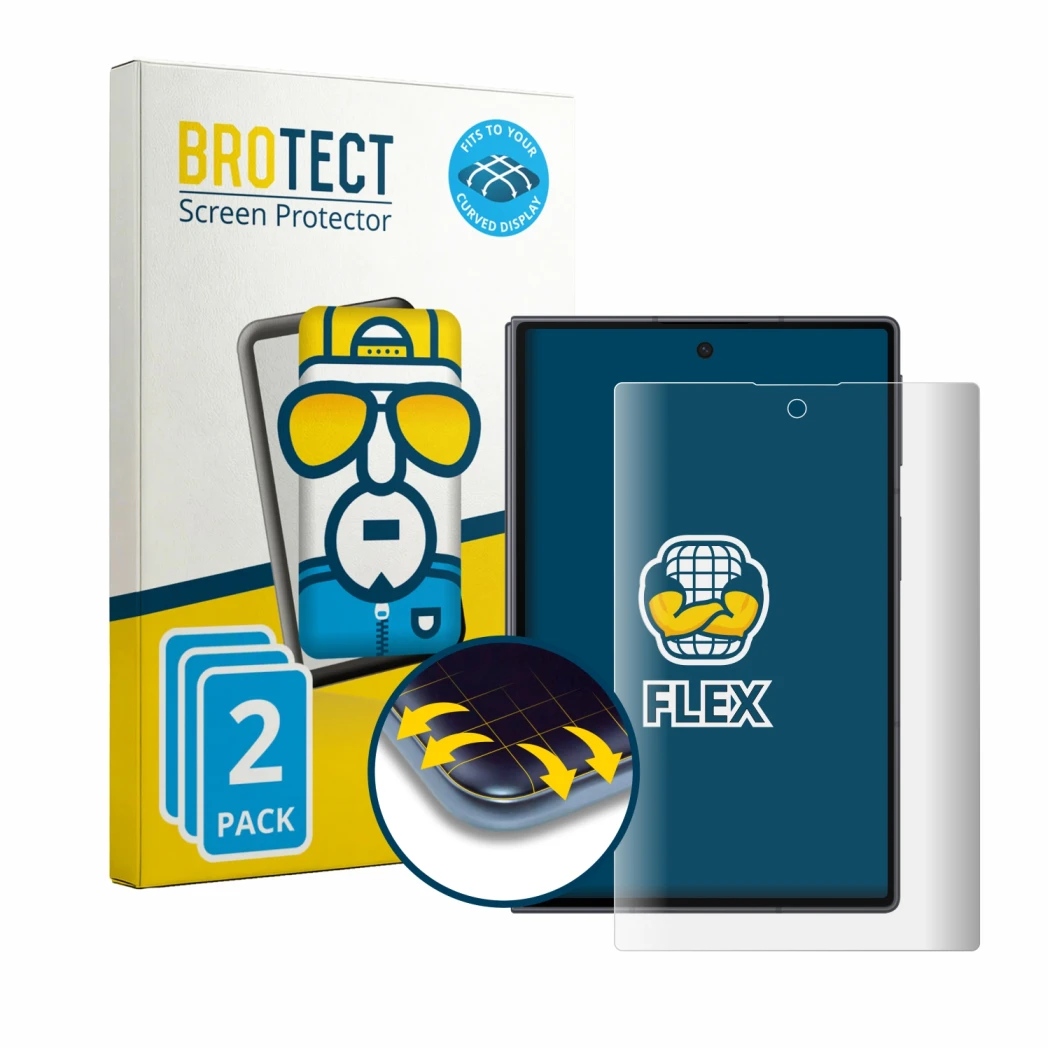 Parte frontale di una confezione del prodotto con il logo del marchio BROTECT. Accanto è raffigurato il dispositivo Samsung Ga
