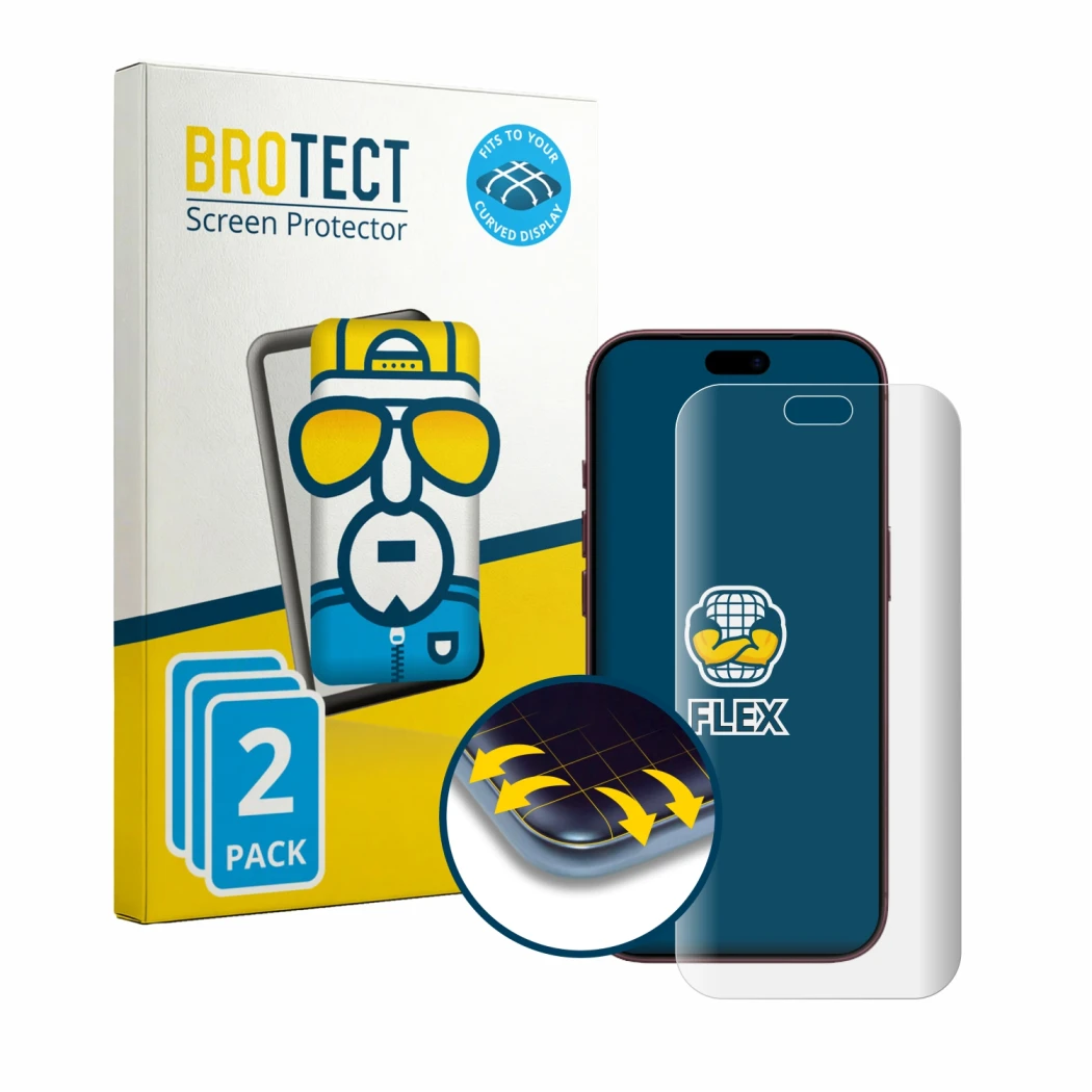 Parte frontale di una confezione del prodotto con il logo del marchio BROTECT. Accanto è raffigurato il dispositivo Apple iPho