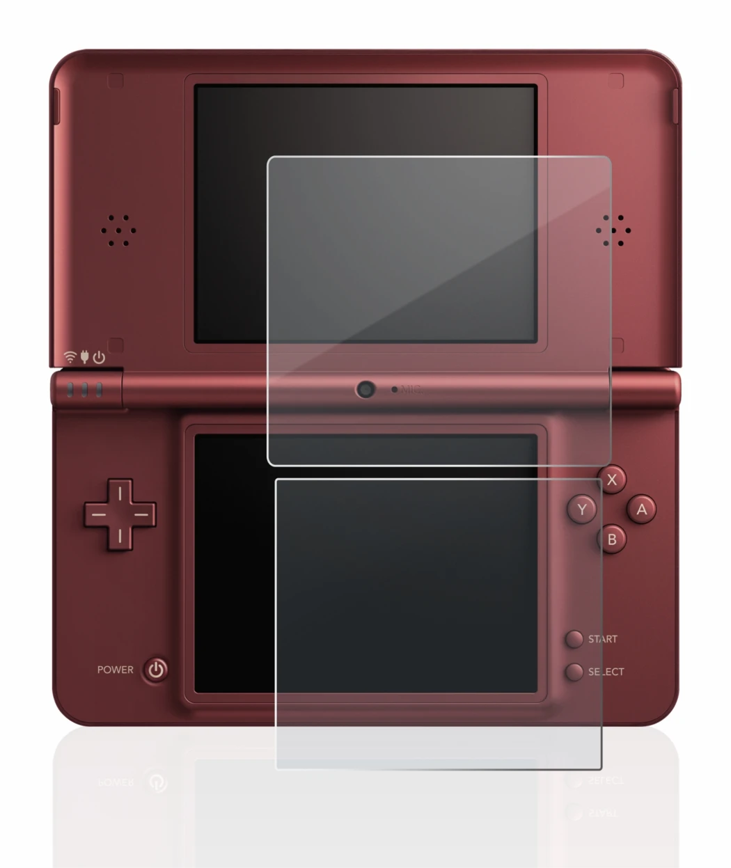 Immagine del dispositivo Nintendo DSi XL con un'ampia varietà di protezioni per lo schermo.