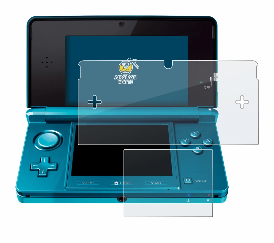 Immagine del dispositivo Nintendo 3DS con un'ampia varietà di protezioni per lo schermo.