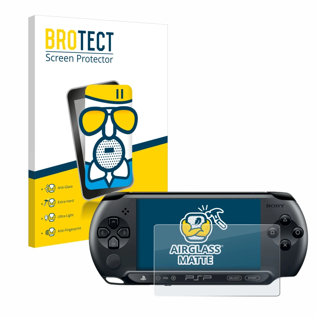 Parte frontale di una confezione del prodotto con il logo del marchio BROTECT. Accanto è raffigurato il dispositivo Sony PSP 1