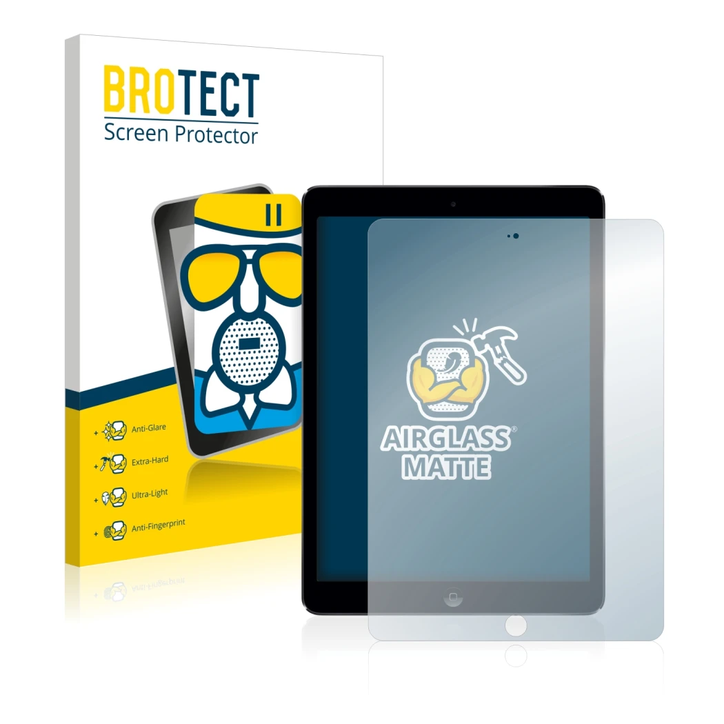 Parte frontale di una confezione del prodotto con il logo del marchio BROTECT. Accanto è raffigurato il dispositivo Apple iPad