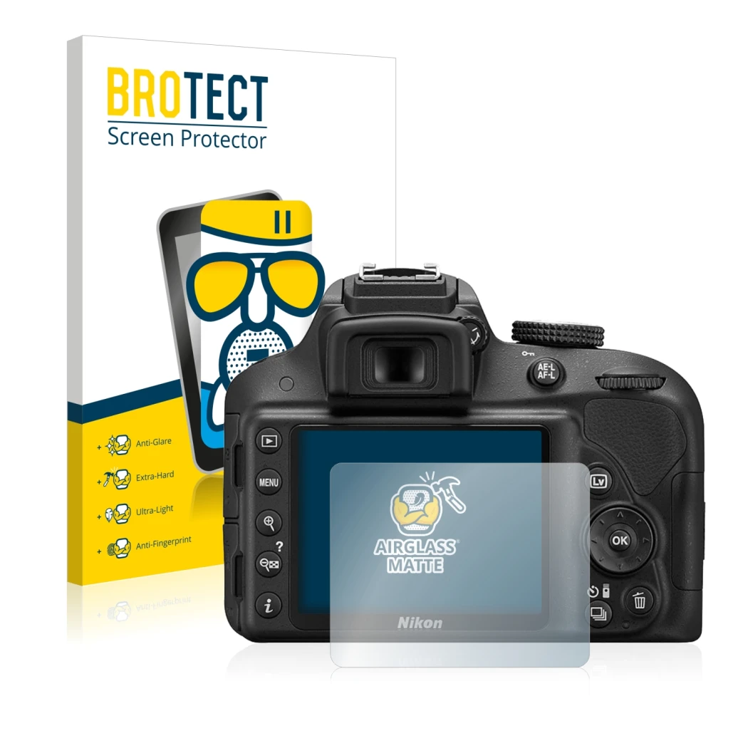 Parte frontale di una confezione del prodotto con il logo del marchio BROTECT. Accanto è raffigurato il dispositivo Nikon D330