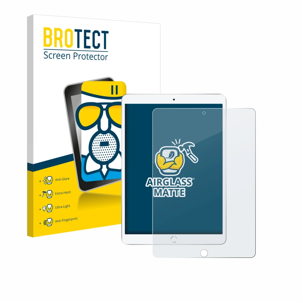 Parte frontale di una confezione del prodotto con il logo del marchio BROTECT. Accanto è raffigurato il dispositivo Apple iPad