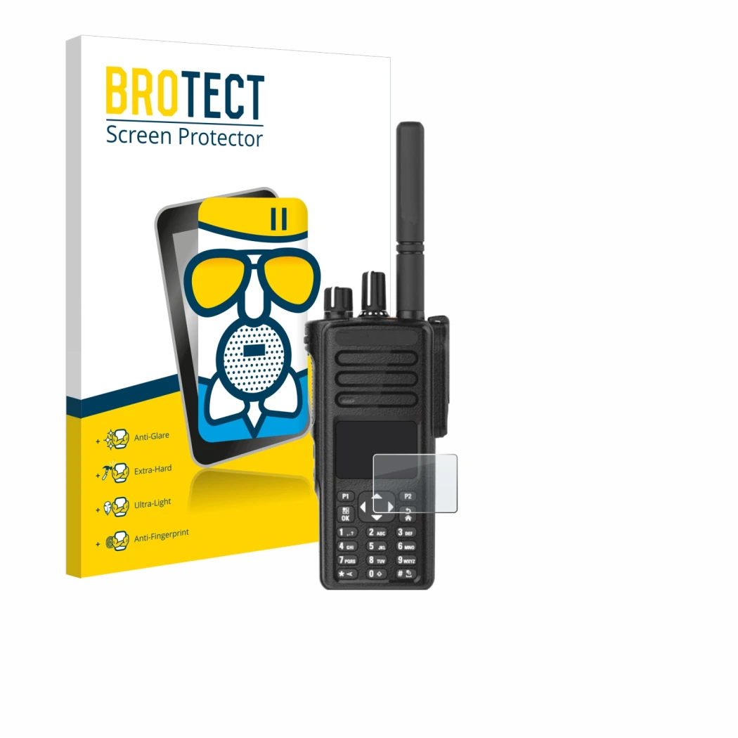 Parte frontale di una confezione del prodotto con il logo del marchio BROTECT. Accanto è raffigurato il dispositivo Motorola D