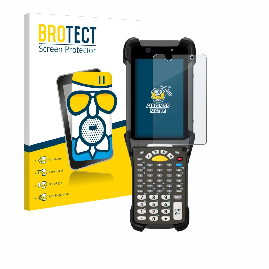 Parte frontale di una confezione del prodotto con il logo del marchio BROTECT. Accanto è raffigurato il dispositivo Zebra MC93